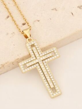 Gold Crystal Cross Pendant Necklace for Women